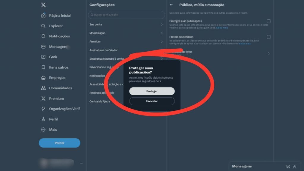 Configuração para tornar a conta privada no X