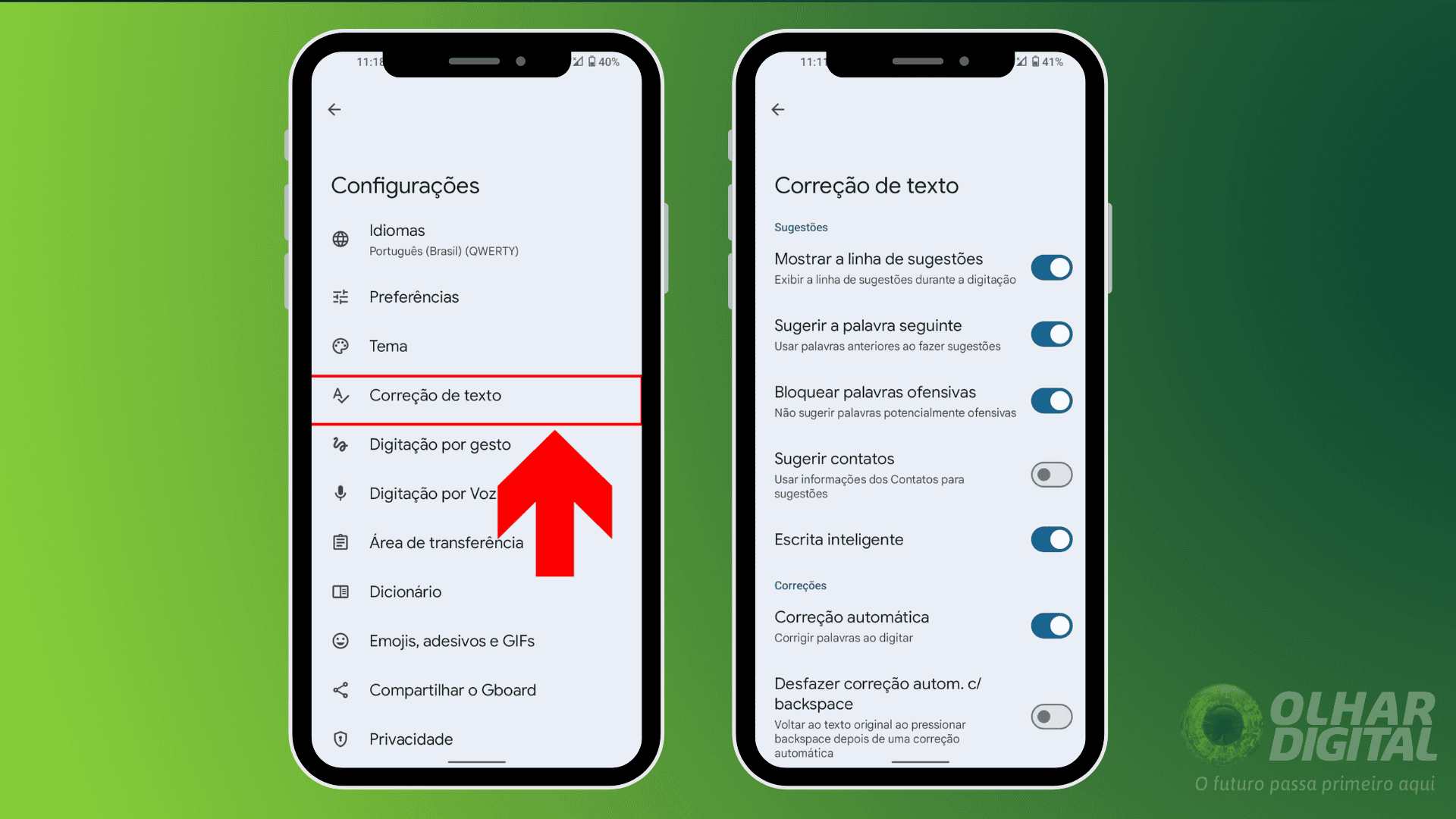 Configurações de correção de texto no teclado virtual do celular Android