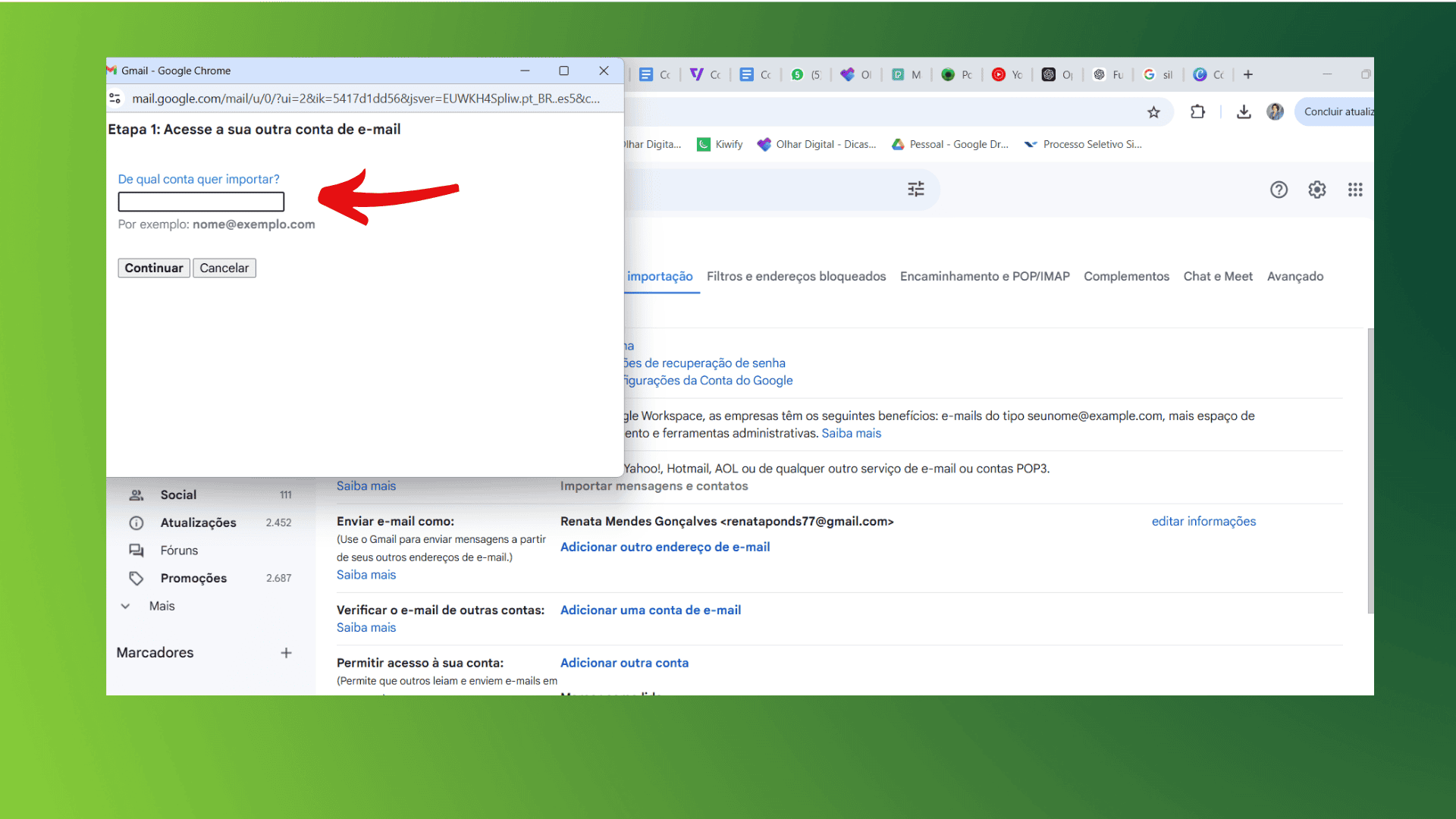 Captura de tela mostrando a inserção do e-mail para importação.