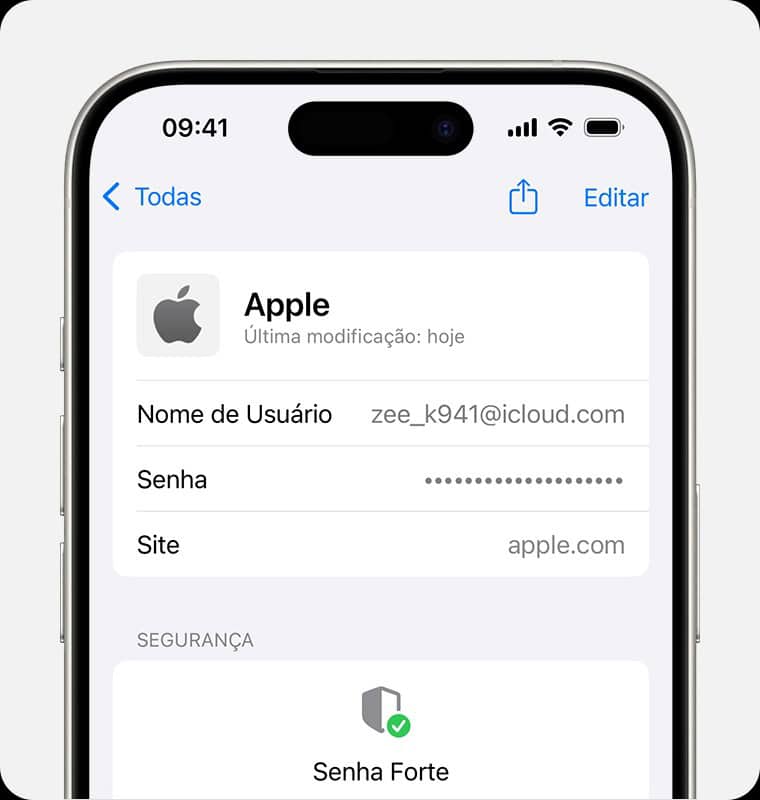 Selecionando senhas no aplicativo da Apple