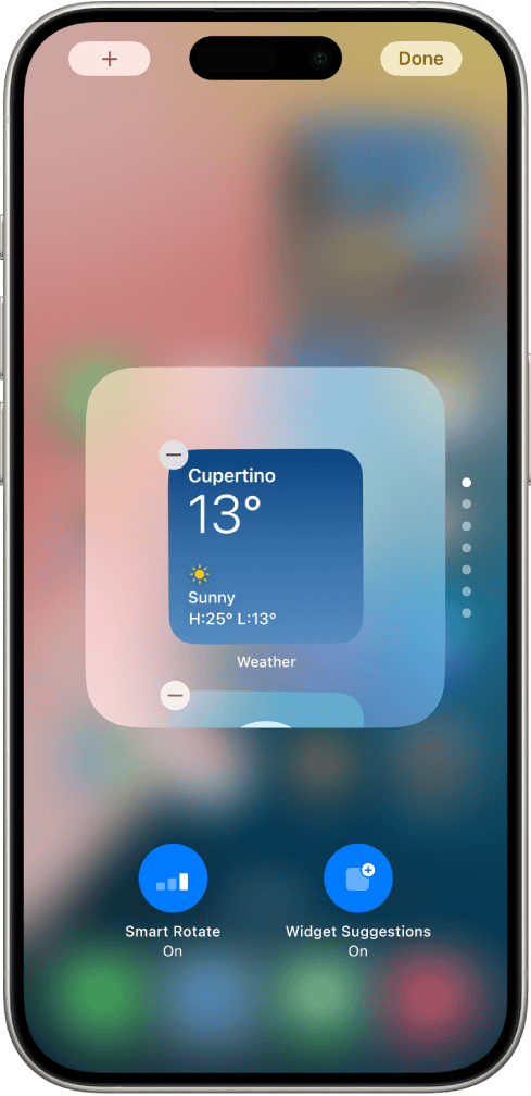 Interface de personalização de widgets no iPhone