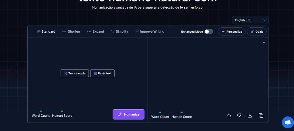 Tela do Humanize AI Text evidenciando as opções de tradução