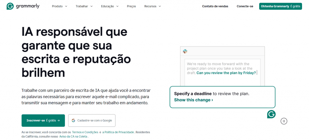 Visão geral da página inicial do Grammarly com sugestões de correções