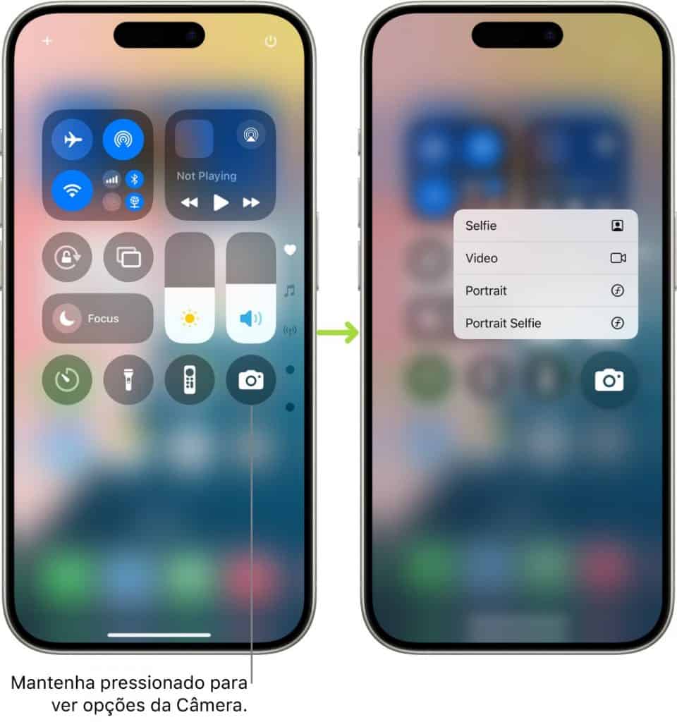 Visualização da Central de Controle do iPhone com múltiplos controles