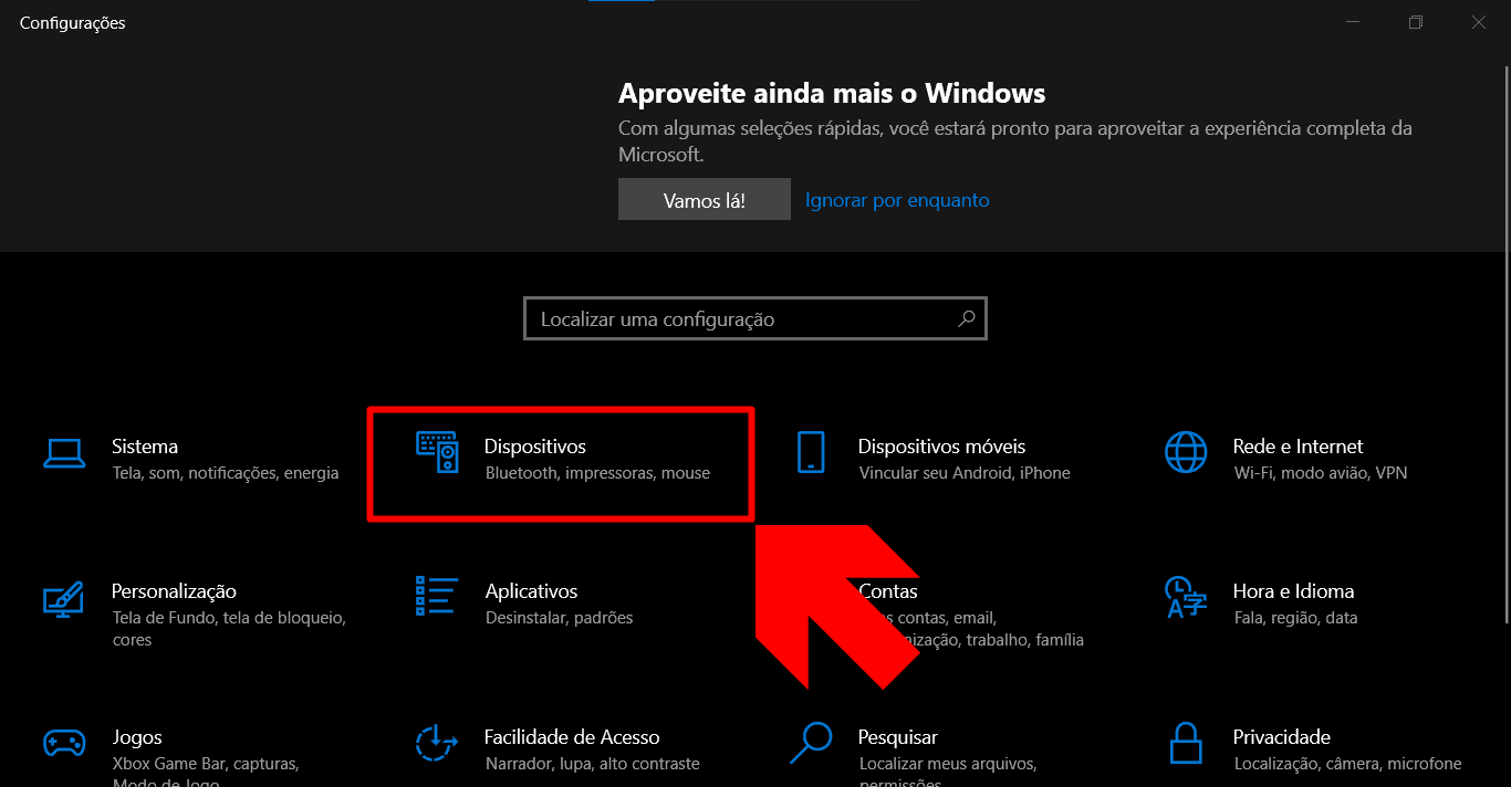 Botão 'Dispositivos' na seção de configurações de um PC Windows