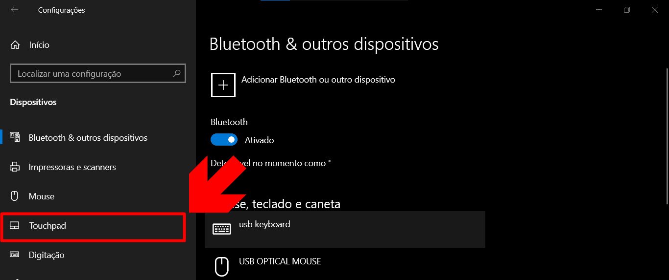 Aba 'Touchpad' na seção de dispositivos do PC Windows