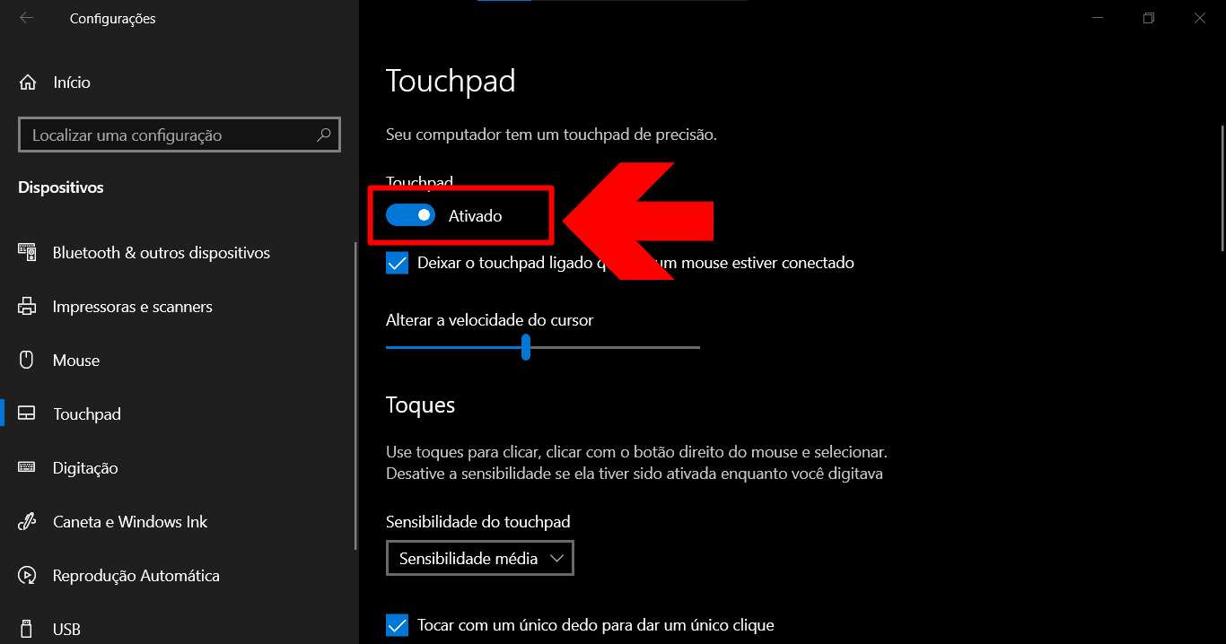 Botão para ativar e desativar o touchpad no computador Windows