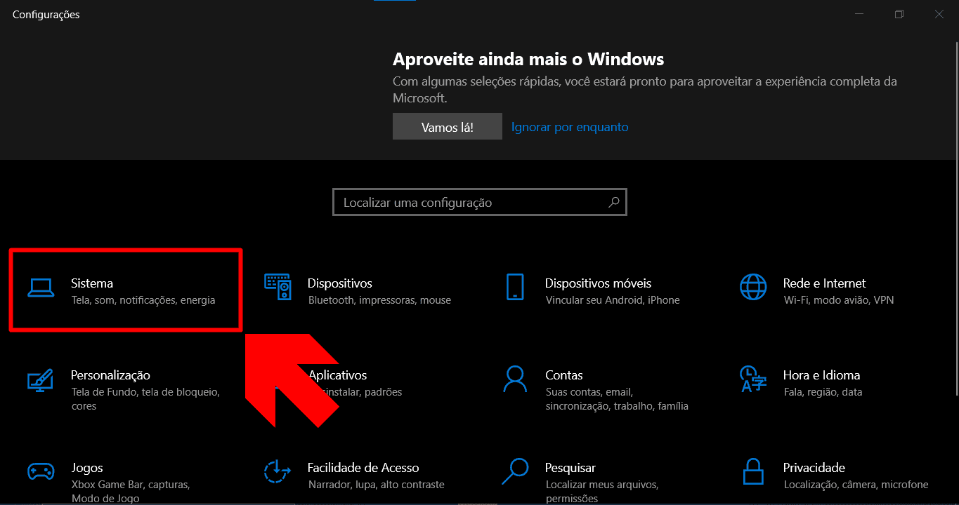 Painel de configurações com a opção Sistema