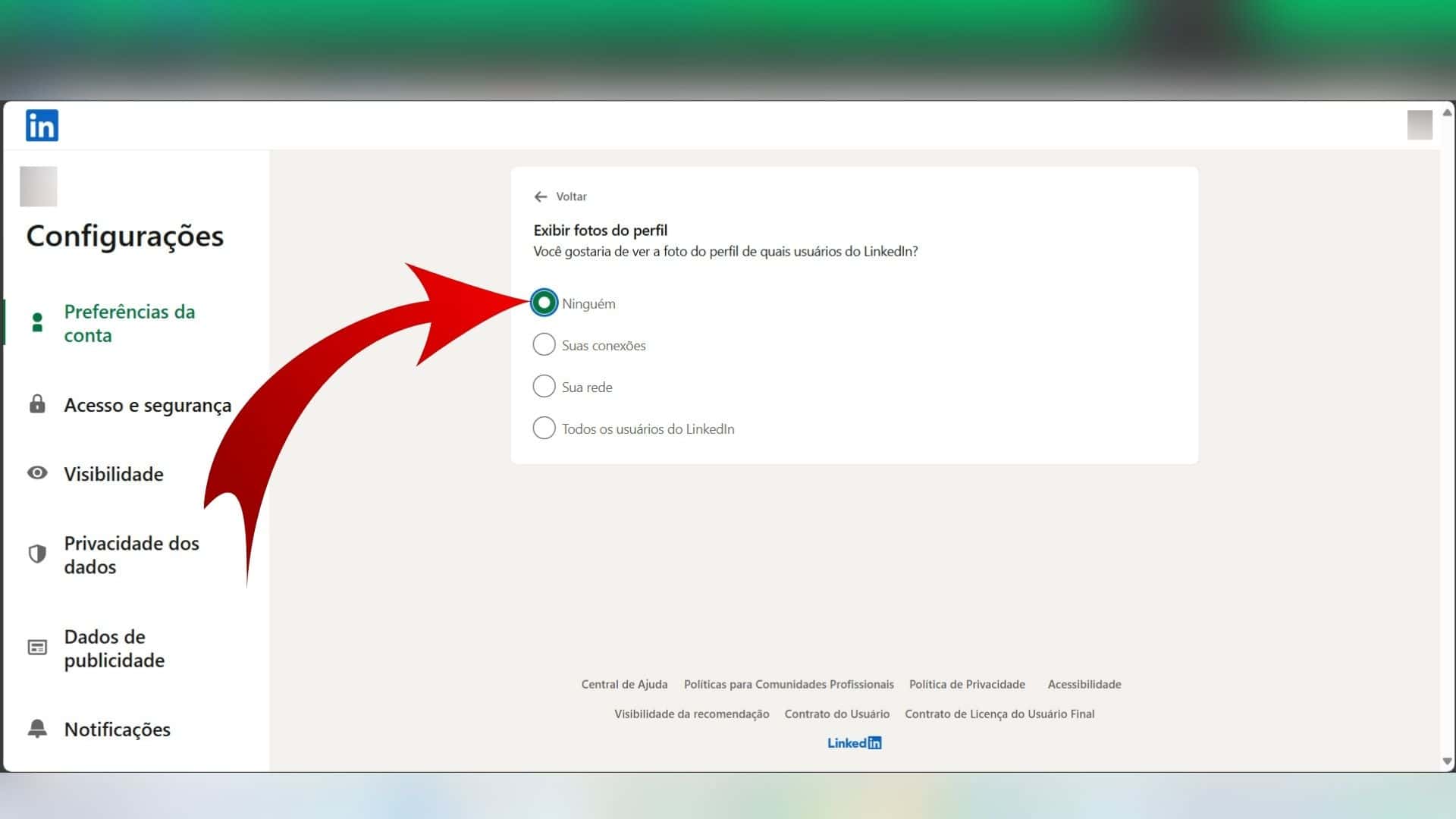 Imagem finalizando a ocultação da foto de perfil no LinkedIn