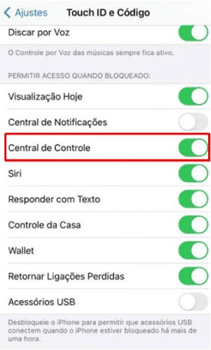 Configurações da Central de Controle no iPhone