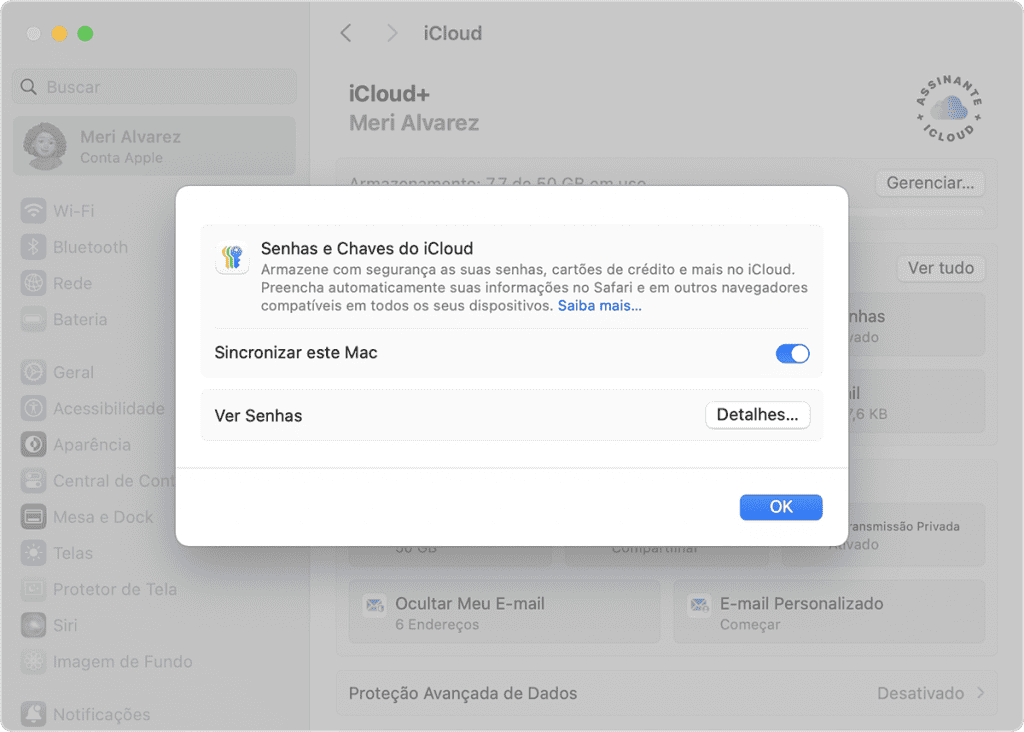 Instruções para ativar Chaves do iCloud no Mac