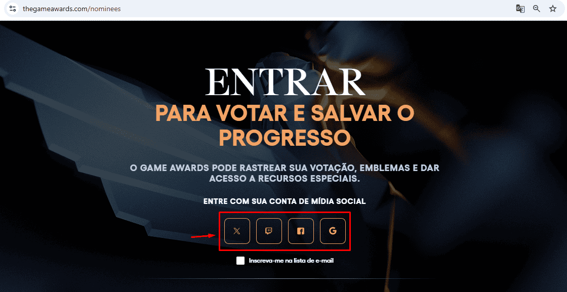 Escolha seu método de login no The Game Awards