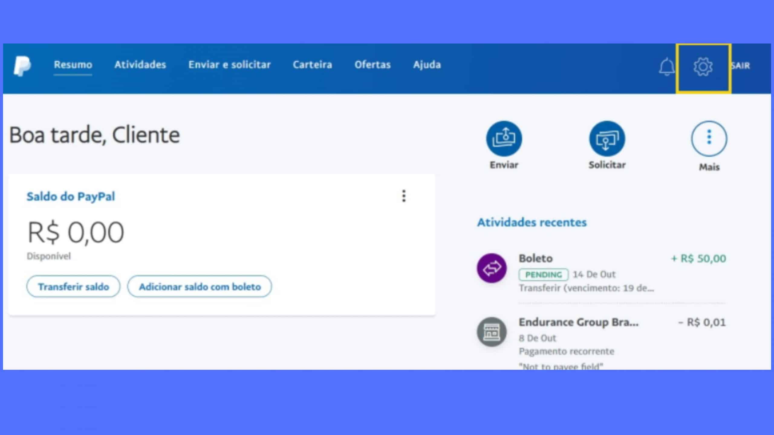 Tela de configurações do PayPal