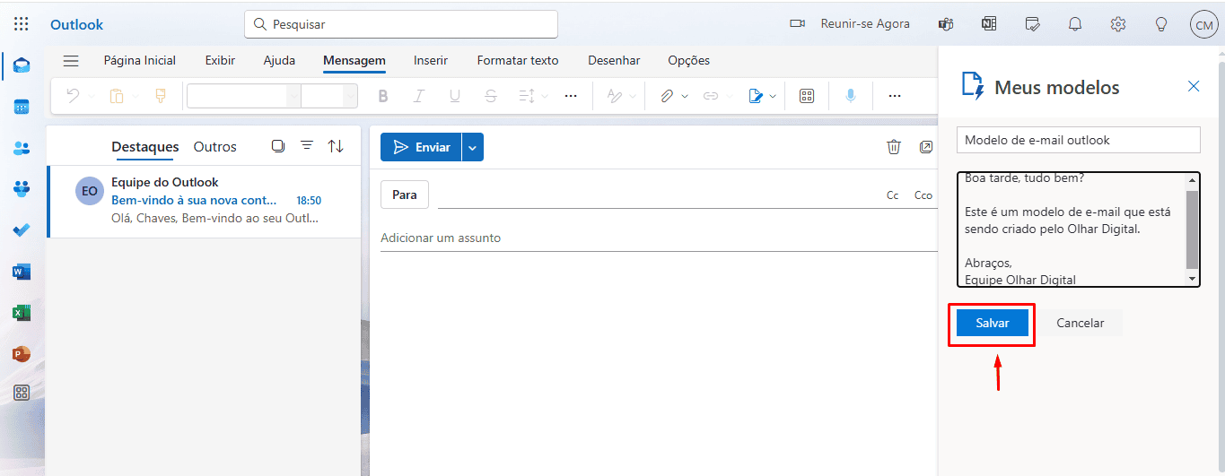 Modelo de e-mail criado no Outlook