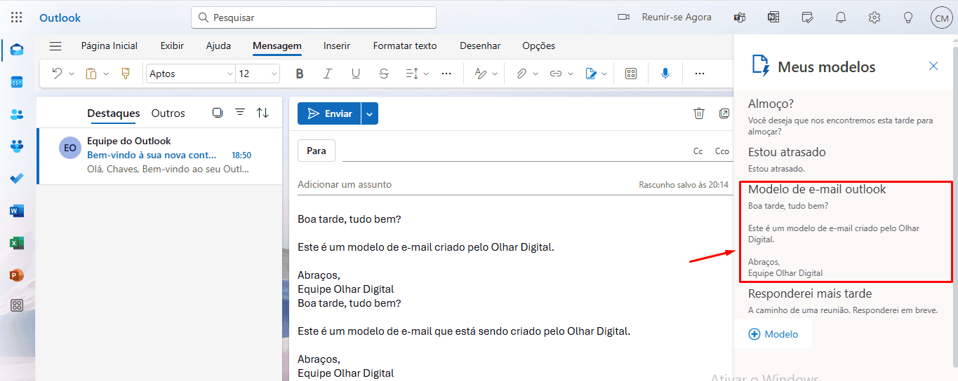 Modelo de e-mail acrescentado ao Outlook