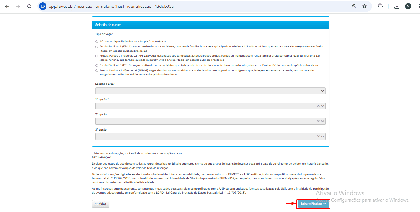 Finalizando a inscrição no Enem-USP