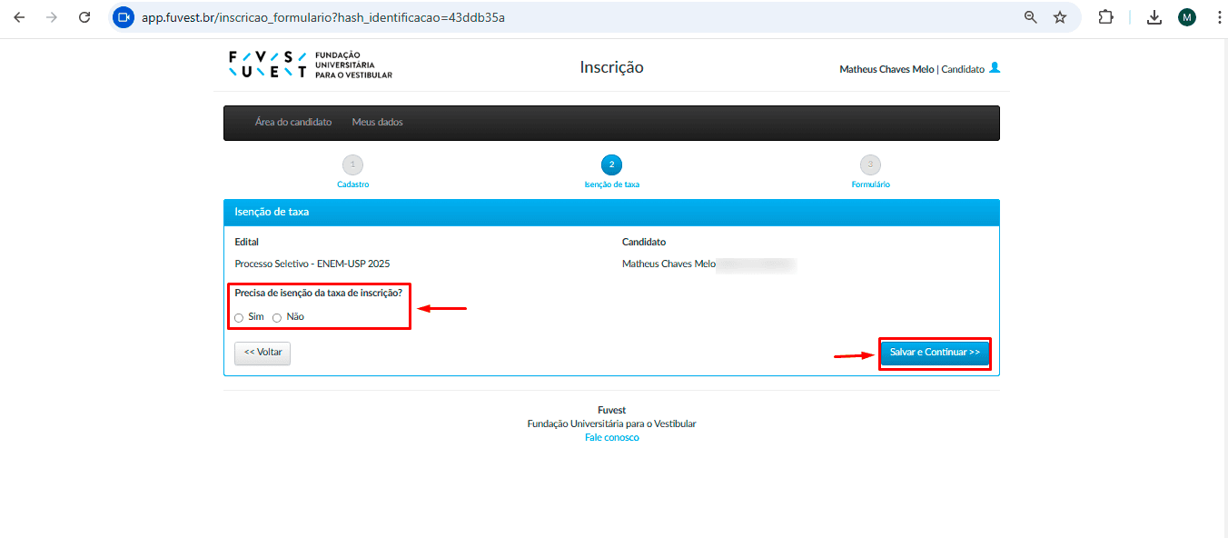 Escolha a isenção da taxa de inscrição