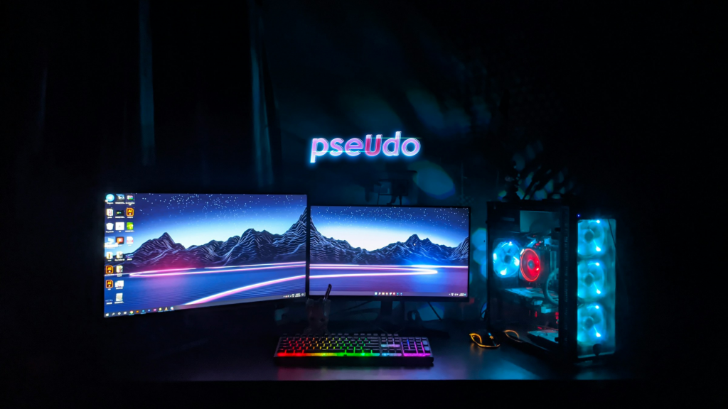 Imagem de um computador gamer com duas telas e hardware iluminado com LED RGB