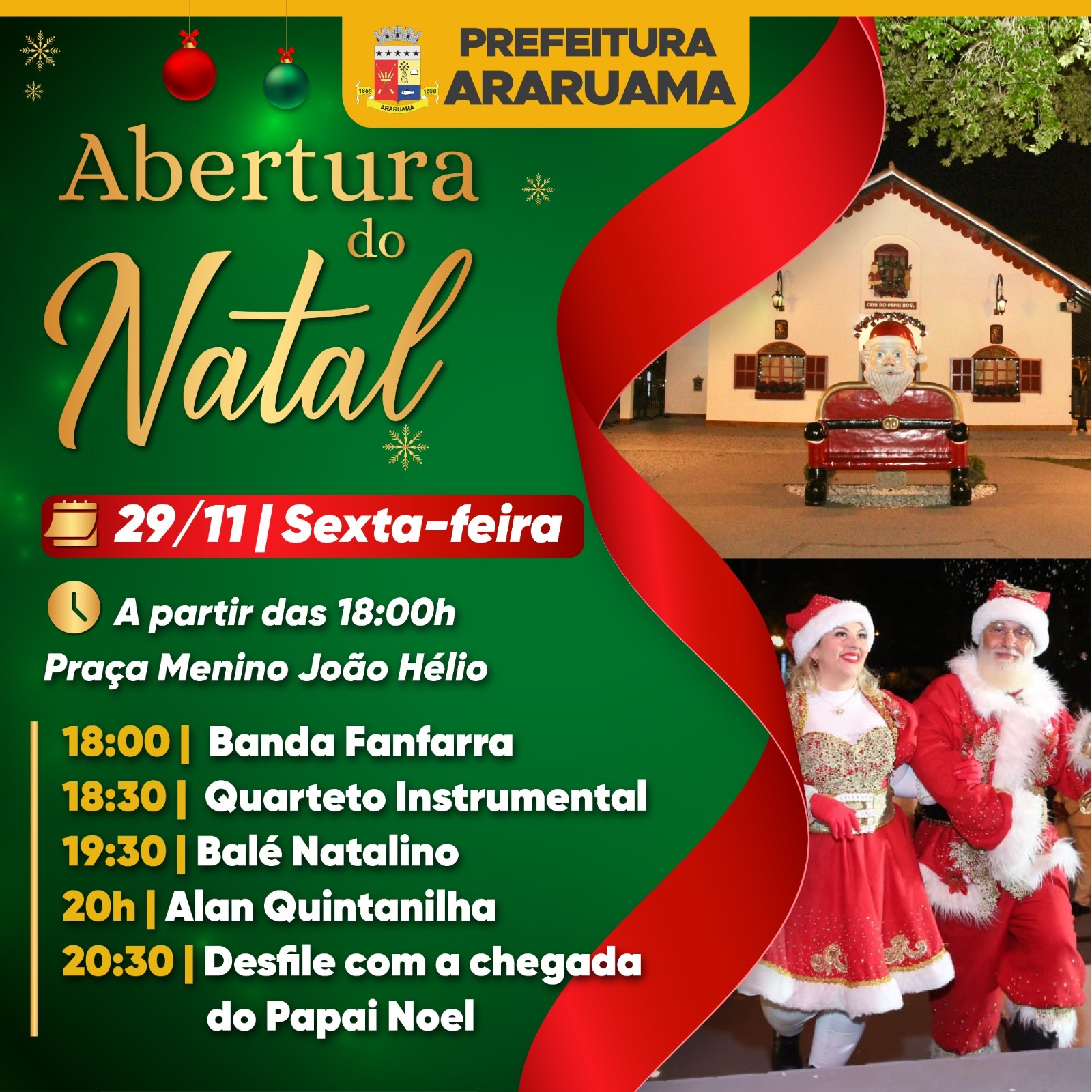 Abertura do Natal em Araruama terá desfile com Papai e Mamãe Noel e até um balé natalino