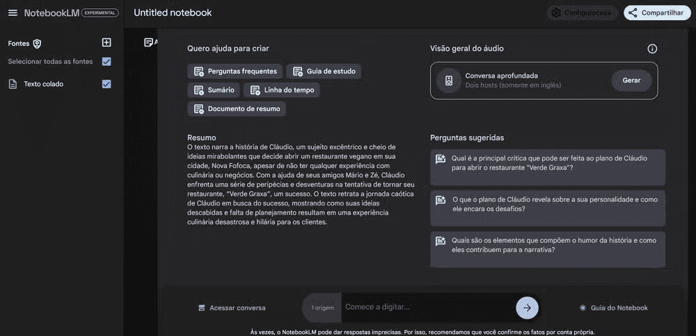 Interface do Google NotebookLM para criação de podcasts