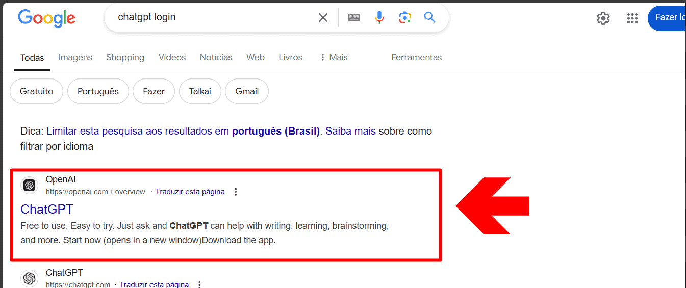 Resultado de pesquisa no Google para ChatGPT