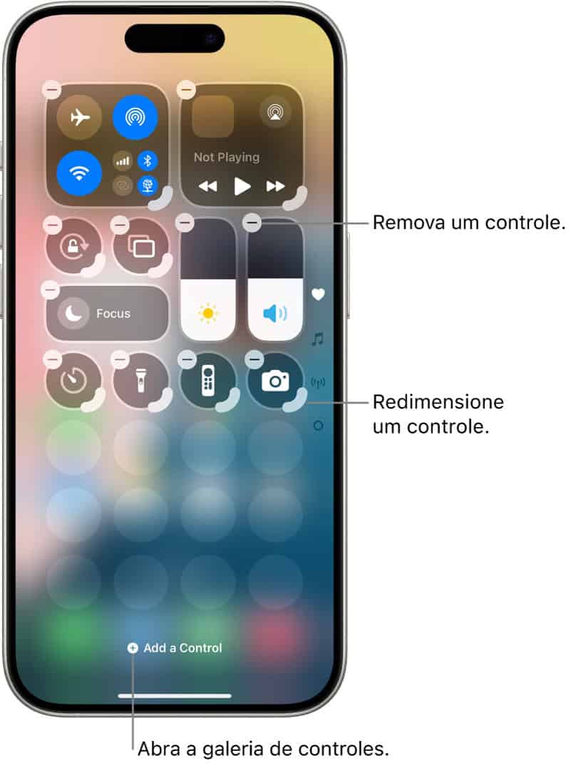 Tela da Central de Controle do iPhone mostrando opções de personalização