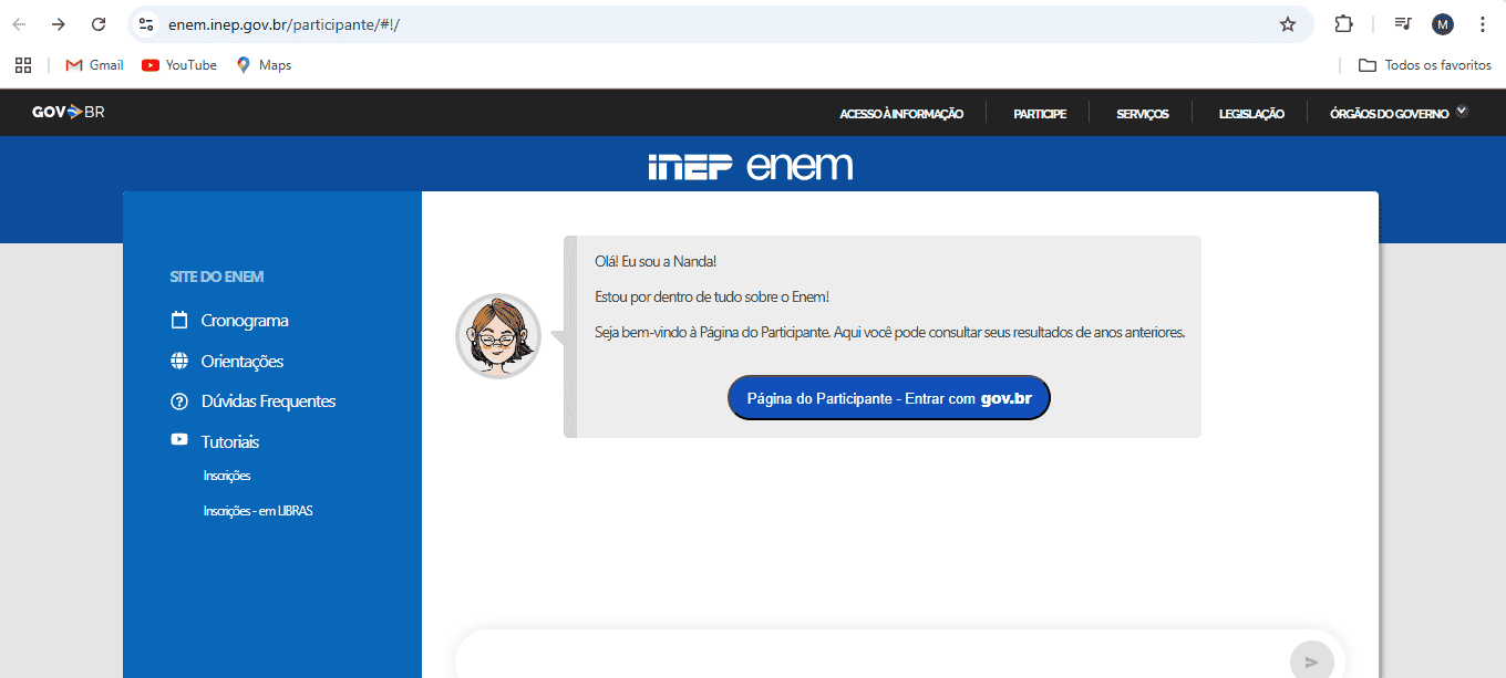 Tela inicial do portal do Inep para consulta de notas do Enem 2024