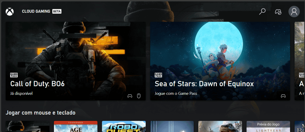 Imagem do site Xbox Cloud Gaming mostrando sua interface