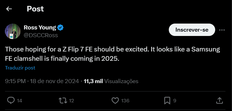 Impressão de um tweet sobre o Galaxy Z Flip 7 FE