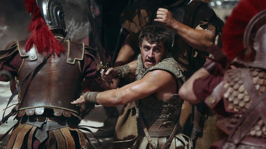 Imagem de 'Gladiador 2' destacando personagens do elenco original