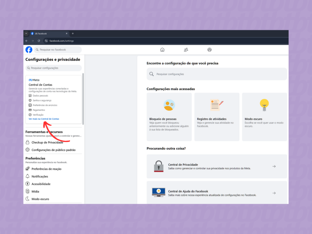 Abrindo a Central de Contas da Meta via Facebook