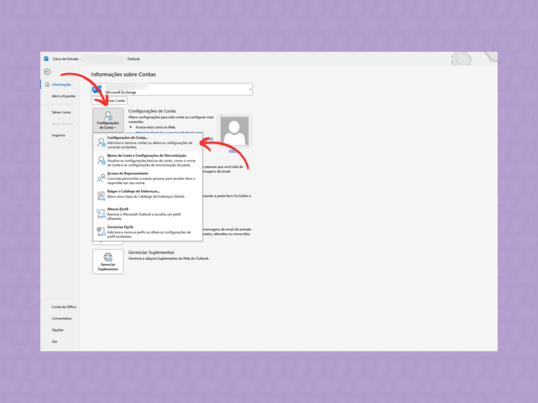 Abrindo as configurações de conta do Classic Outlook