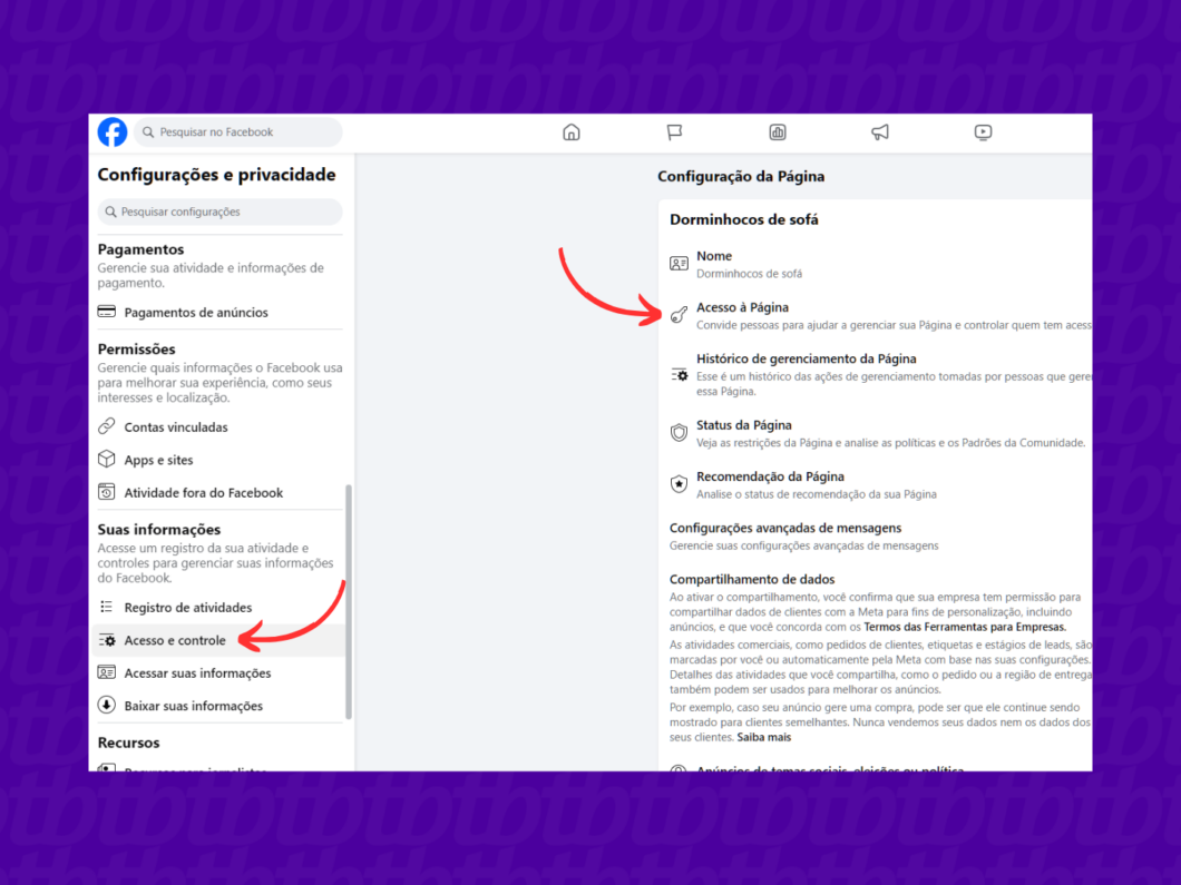 Acessando a guia Acesso e controle do Facebook