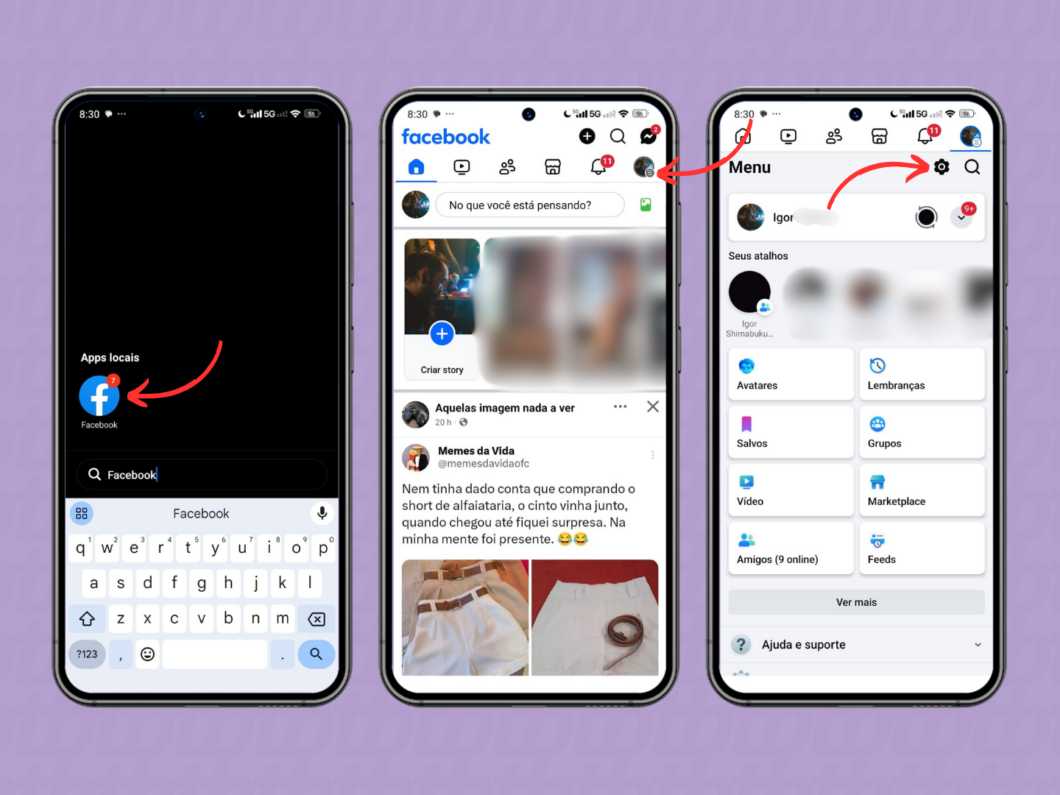 Acessando as configurações do Facebook pelo celular