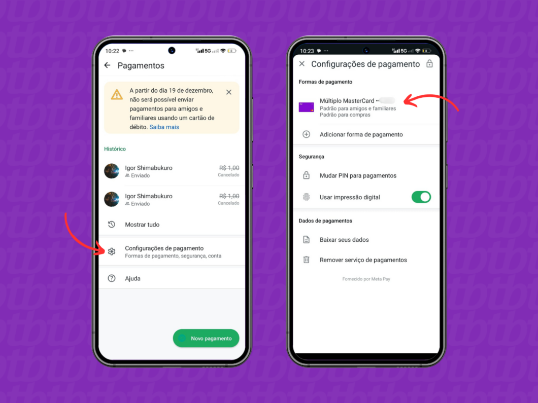 Acessando os ajustes de pagamento de um cartão específico no WhatsApp