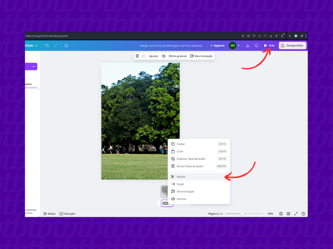 Ajustando a faixa de áudio na foto via Canva