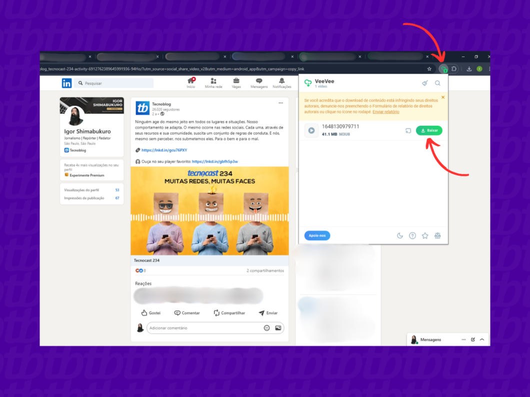 Baixando o vídeo do LinkedIn com o VeeVee