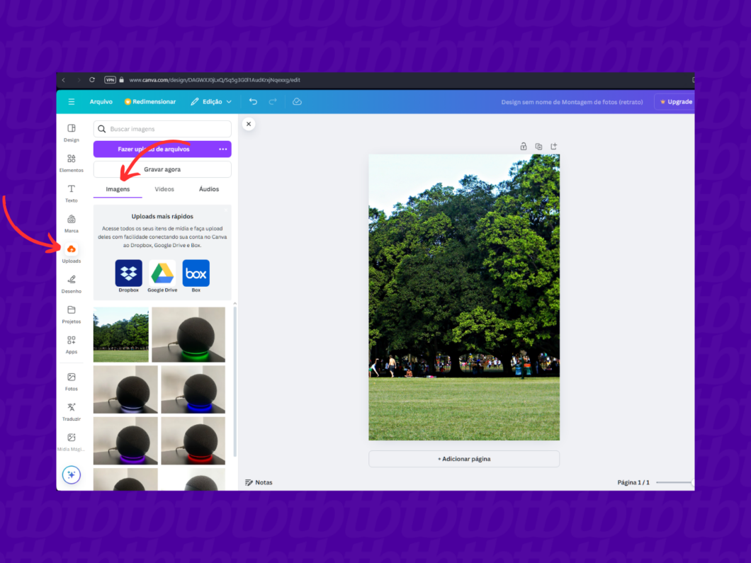 Carregando uma imagem no projeto do Canva