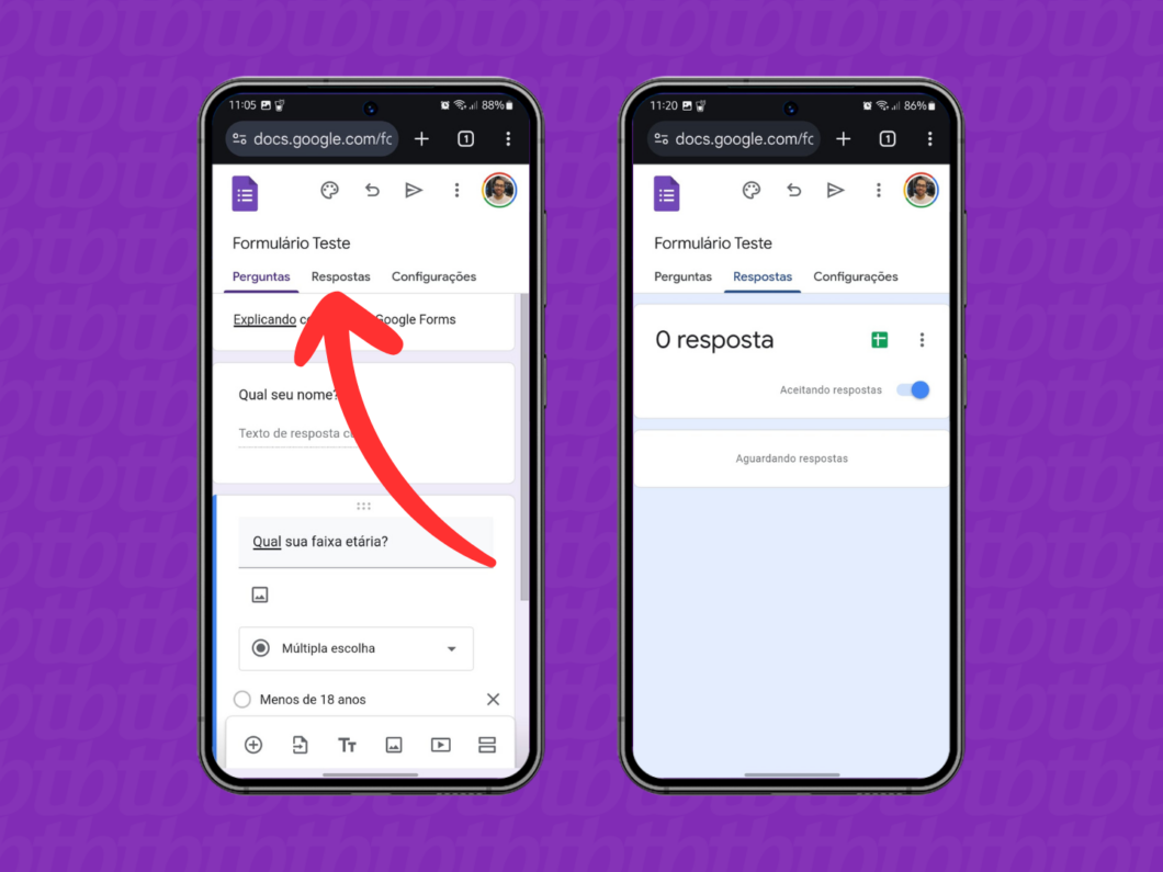 Captura de tela do site Google Forms no celular mostra como acessar as respostas