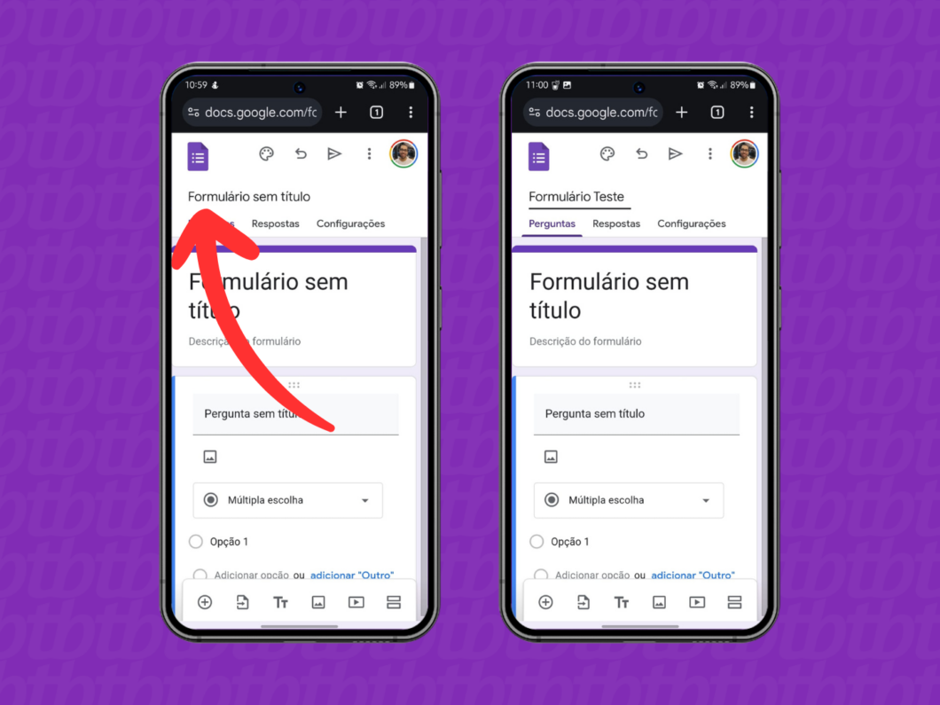 Captura de tela do site Google Forms no celular mostra como alterar o título do formulário