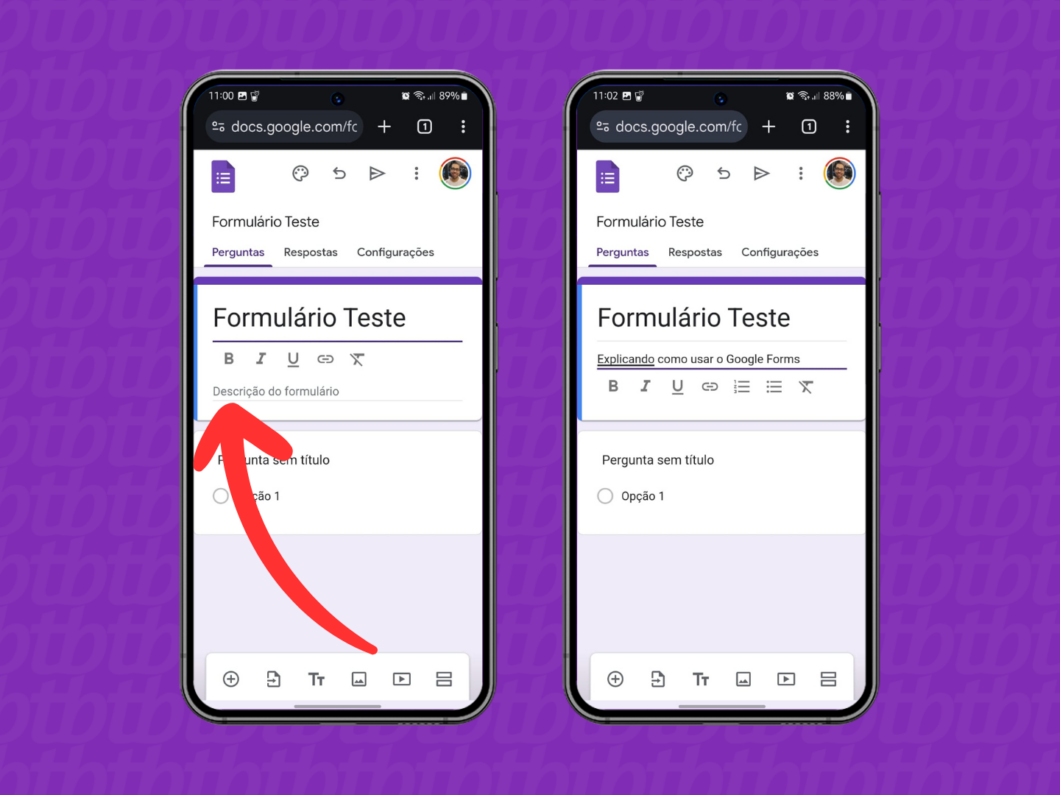 Captura de tela do site Google Forms no celular mostra como alterar a descrição do formulário