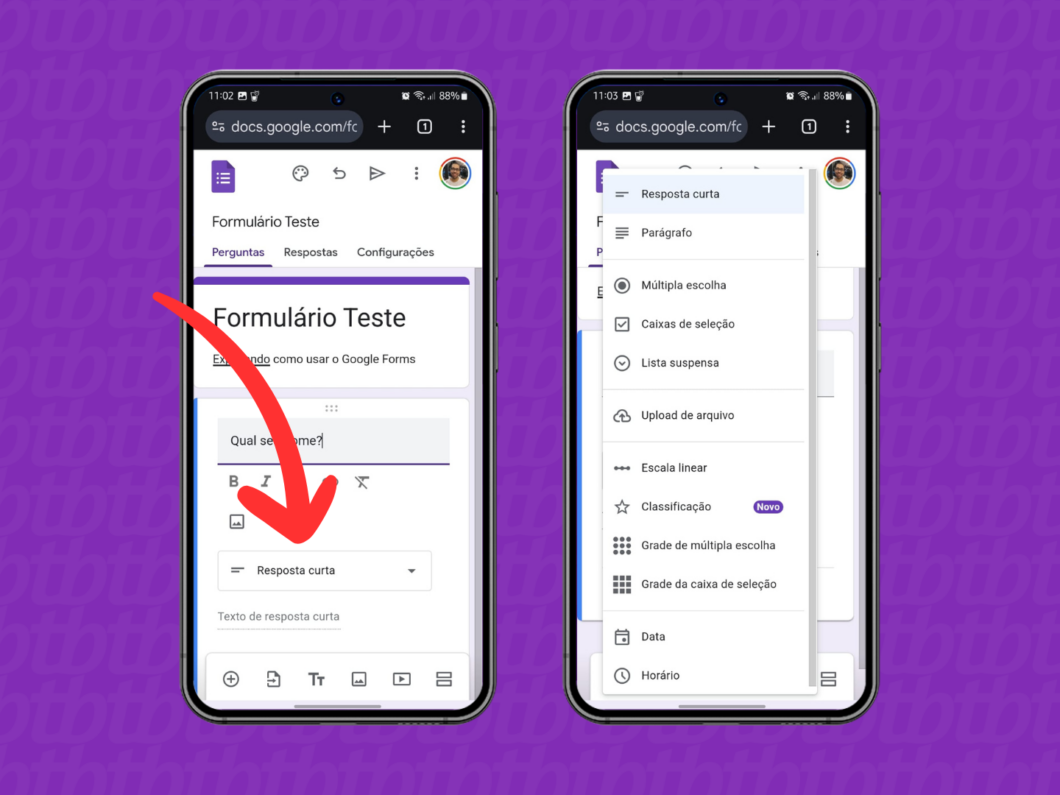 Captura de tela do site Google Forms no celular mostra como inserir definir o formato de resposta