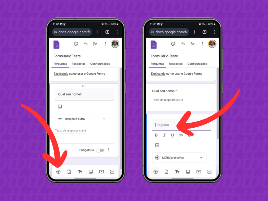 Captura de tela do site Google Forms no celular mostra como adicionar uma nova pergunta ao formulário