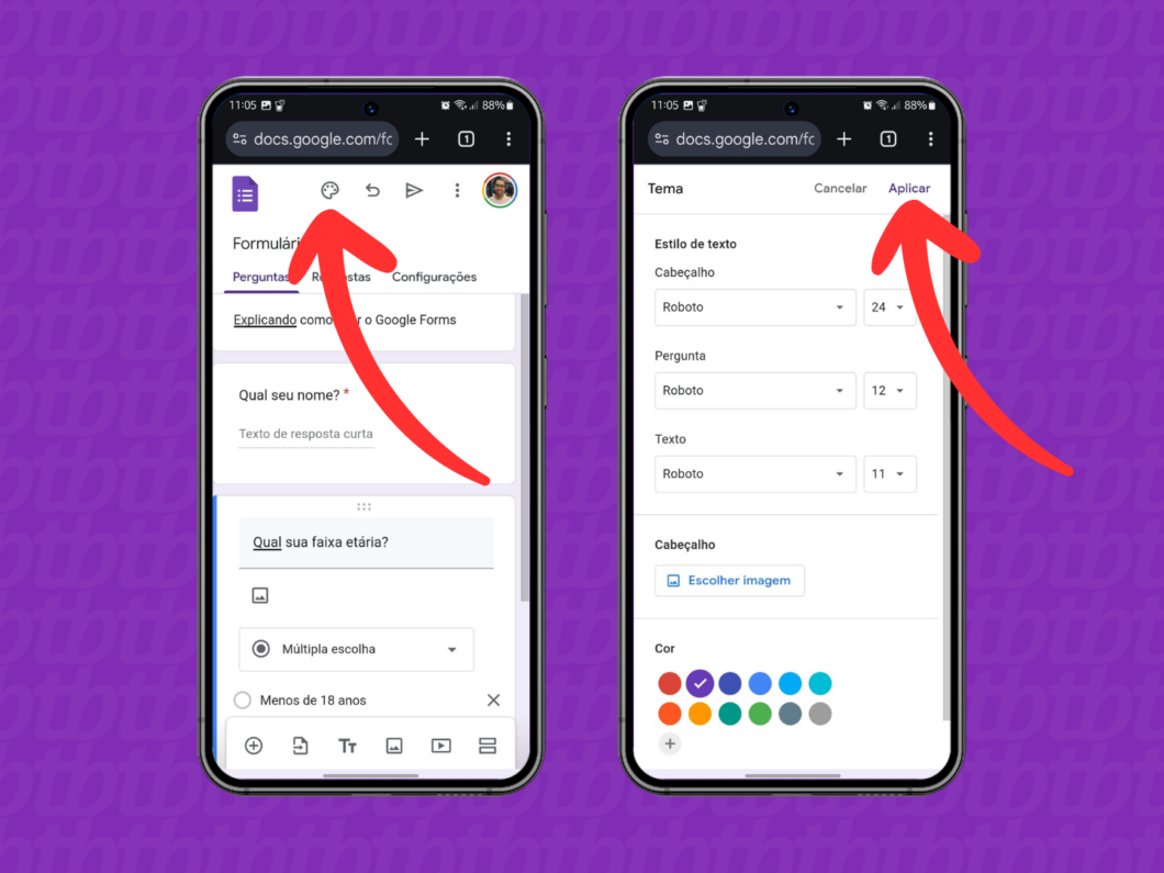 Captura de tela do site Google Forms no celular mostra como personalizar o tema do formulário