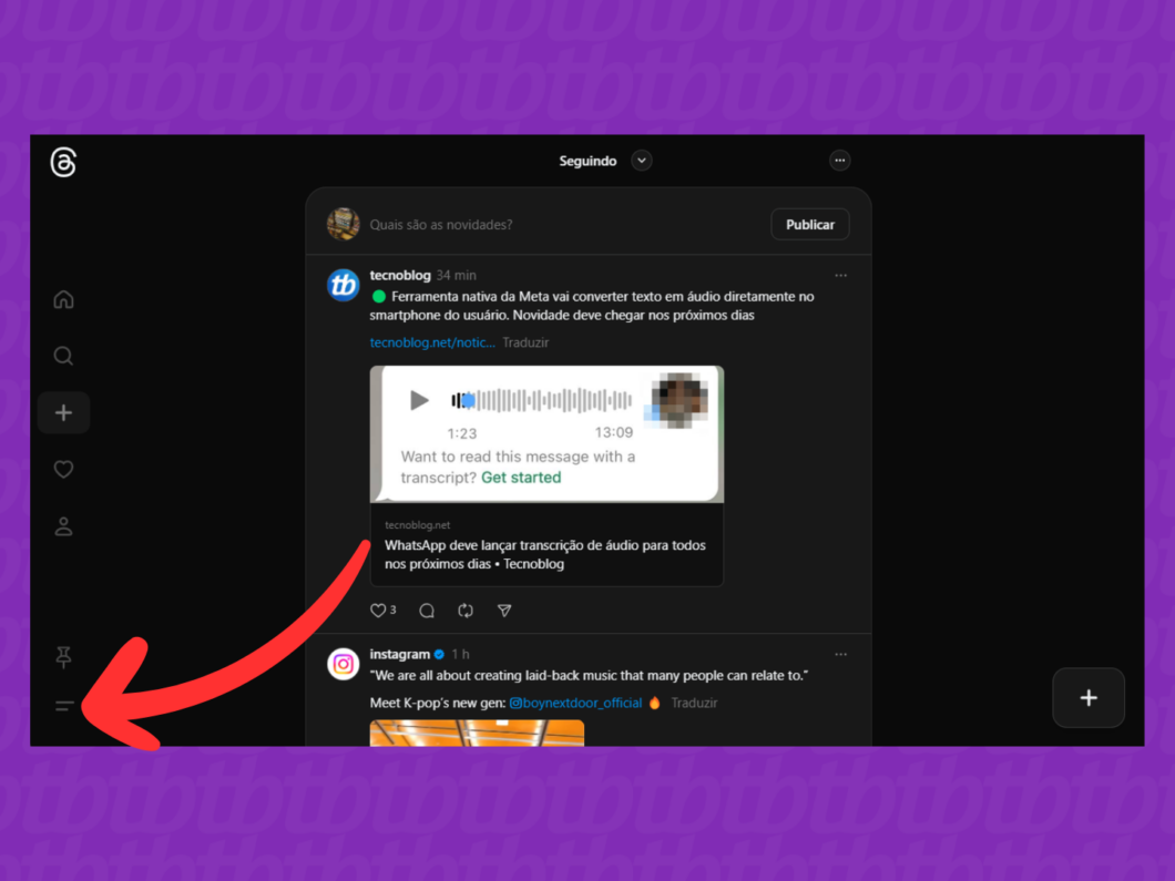 Captura de tela do site Threads mostrando como abrir o menu 'Mais'.