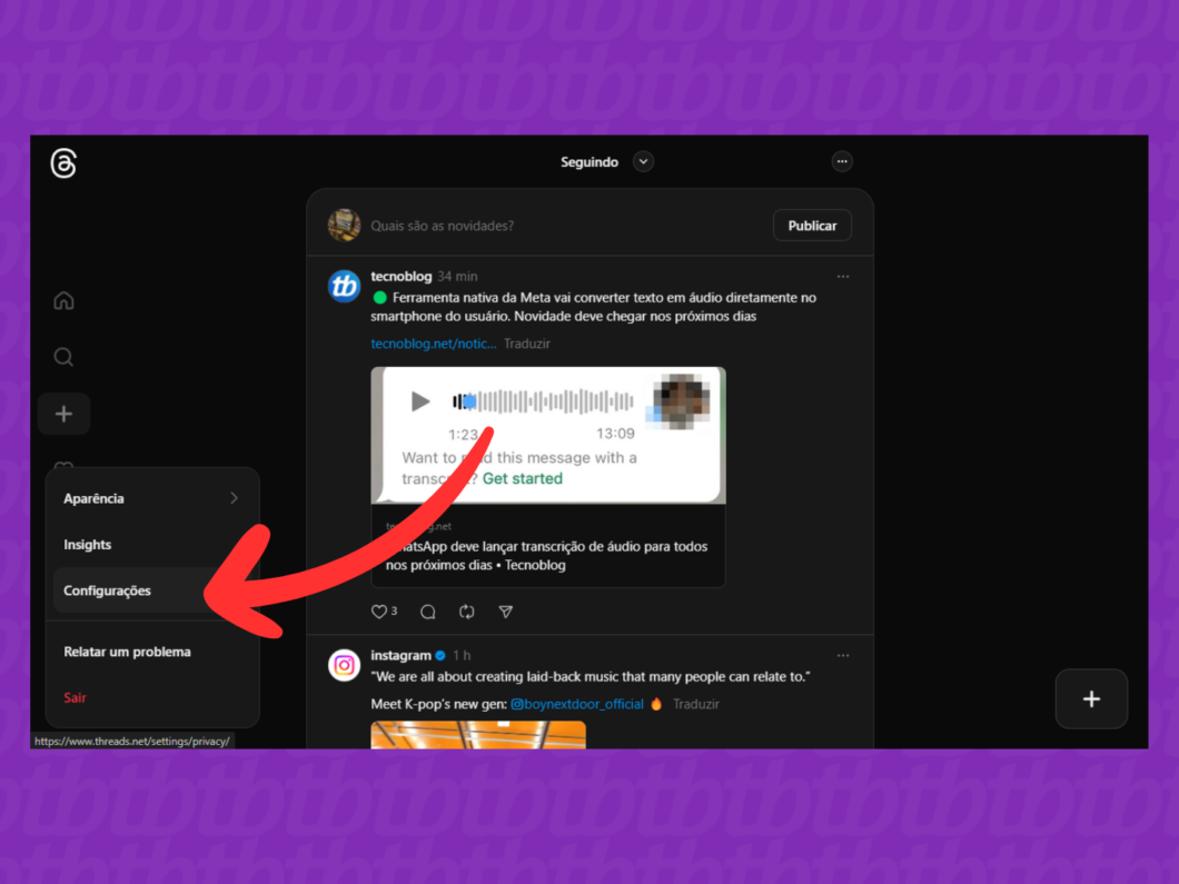 Screenshot do Threads mostrando como abrir as configurações.