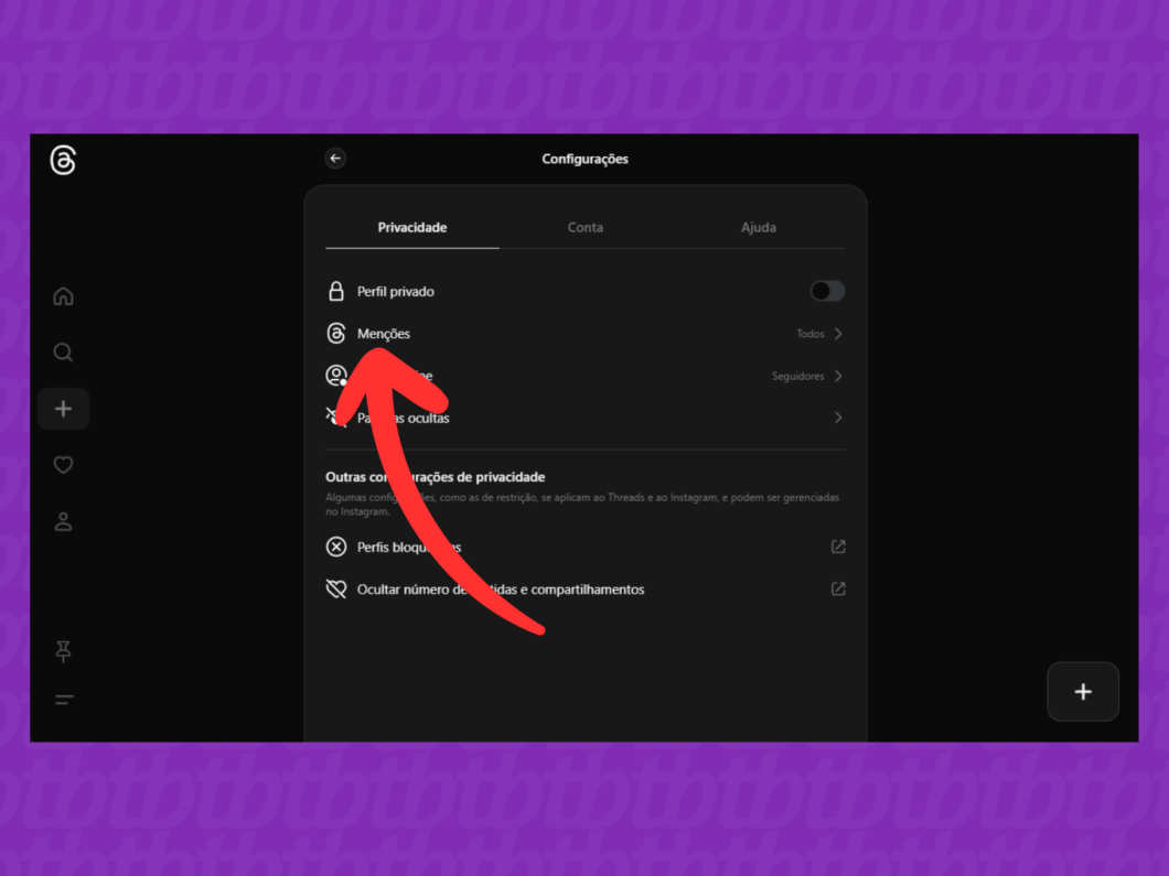 Captura de tela do site Threads mostrando como abrir o menu de menções.