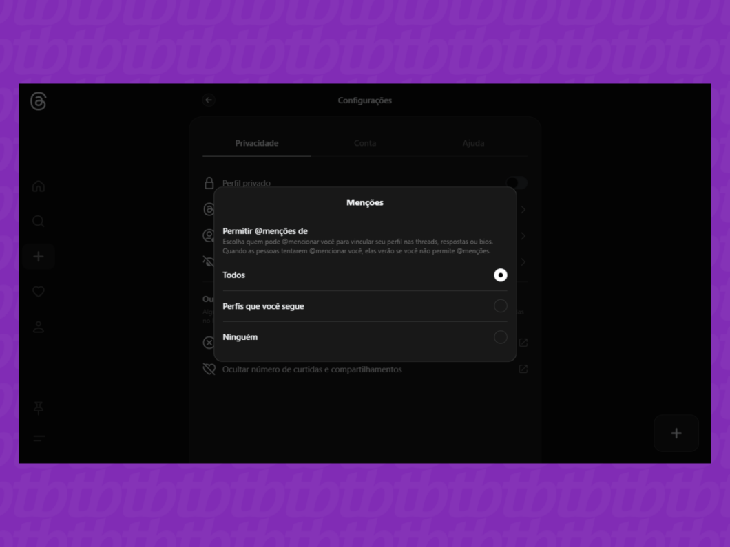 Captura mostrando como selecionar o público que pode mencionar o perfil no Threads.