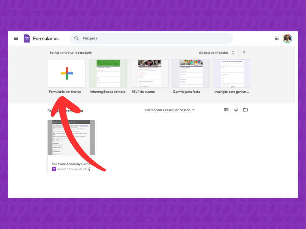 Captura de tela do site Google Forms no PC