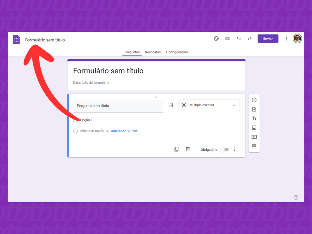 Captura de tela do site Google Forms no PC mostra como editar o nome do formulário